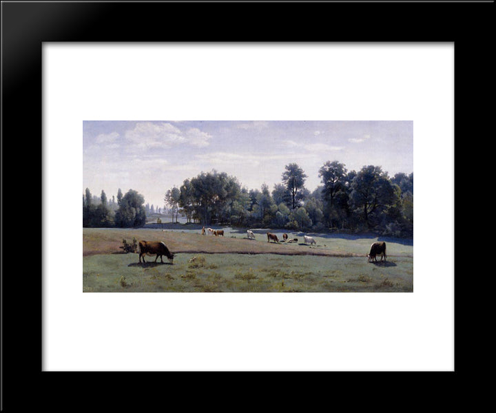 Marcoussis Cows Grazing 20x24 Black Modern Wood Framed Art Print Poster by Corot, Jean Baptiste Camille