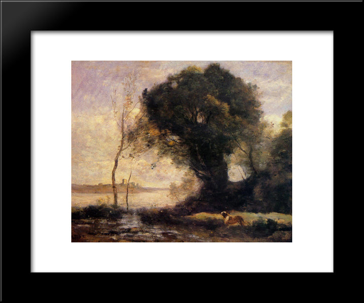 Pond With Dog 20x24 Black Modern Wood Framed Art Print Poster by Corot, Jean Baptiste Camille