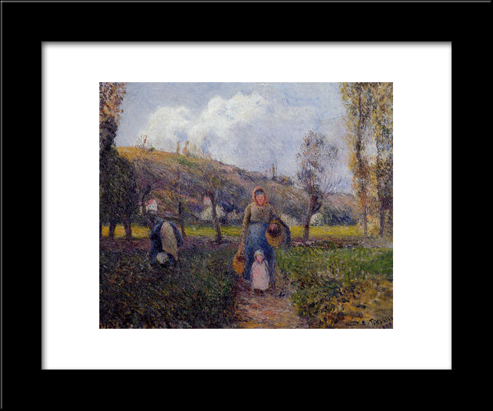 Peasant Woman And Child Harvesting The Fields, Pontoise 20x24 Black Modern Wood Framed Art Print Poster by Pissarro, Camille