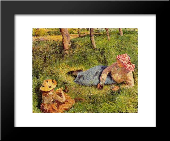 The Snack, Child And Young Peasant At Rest 20x24 Black Modern Wood Framed Art Print Poster by Pissarro, Camille