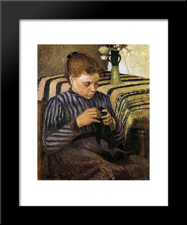 Young Woman Mending Her Stockings 20x24 Black Modern Wood Framed Art Print Poster by Pissarro, Camille
