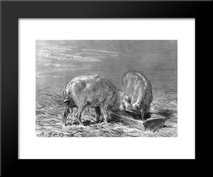 Two Pigs Eating From A Trough 20x24 Black Modern Wood Framed Art Print Poster by Jacque, Charles