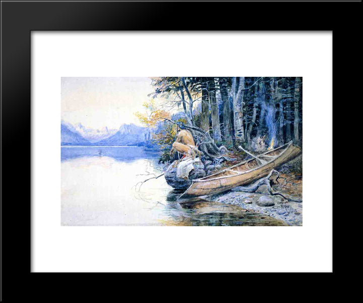 A Campsite By The Lake 20x24 Black Modern Wood Framed Art Print Poster by Russell, Charles M.