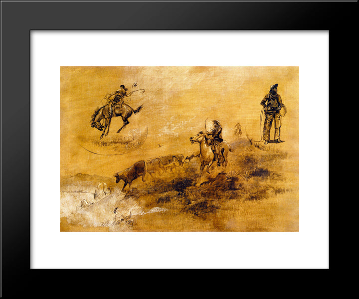 Bronco Busting. Driving In 20x24 Black Modern Wood Framed Art Print Poster by Russell, Charles M.