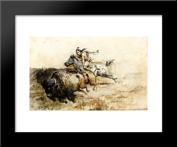 Buffalo Hunter 20x24 Black Modern Wood Framed Art Print Poster by Russell, Charles M.