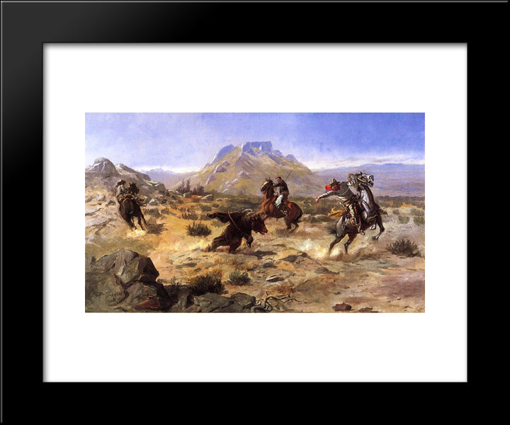 Capturing The Grizzly 20x24 Black Modern Wood Framed Art Print Poster by Russell, Charles M.