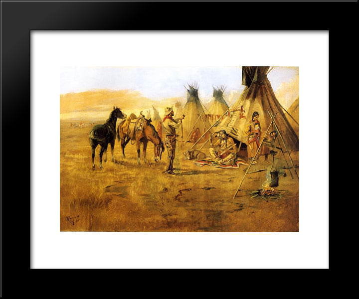 Cowboy Bargaining For An Indian Girl 20x24 Black Modern Wood Framed Art Print Poster by Russell, Charles M.