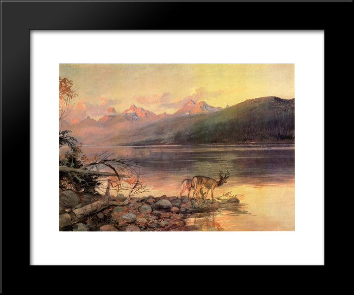 Deer At Lake Mcdonald 20x24 Black Modern Wood Framed Art Print Poster by Russell, Charles M.