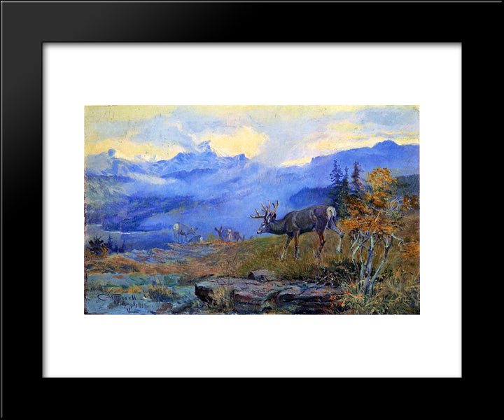 Deer Grazing 20x24 Black Modern Wood Framed Art Print Poster by Russell, Charles M.