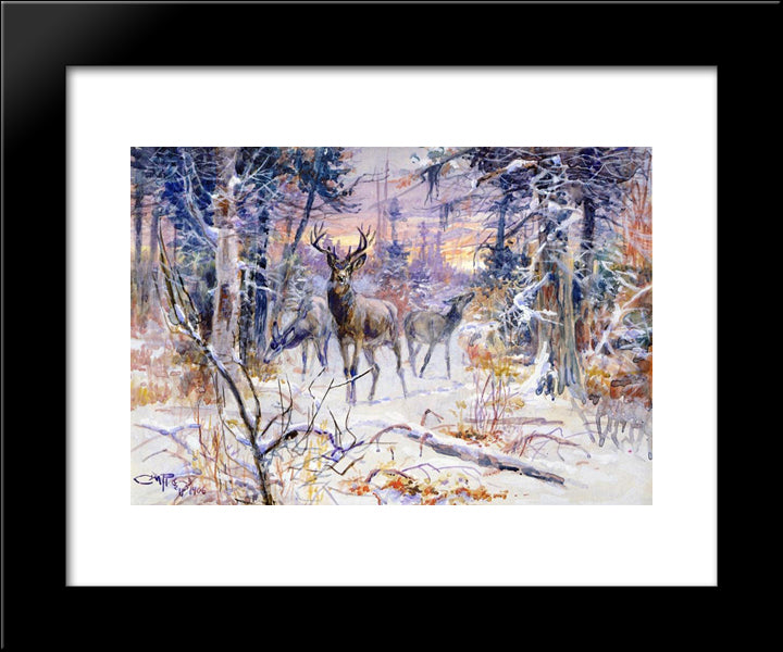 Deer In A Snowy Forest 20x24 Black Modern Wood Framed Art Print Poster by Russell, Charles M.