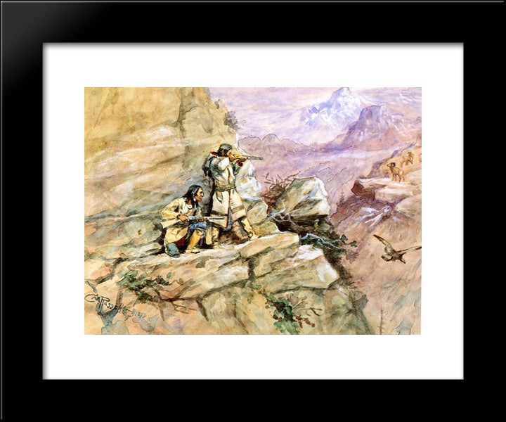 Hunting Big Horn Sheep 20x24 Black Modern Wood Framed Art Print Poster by Russell, Charles M.