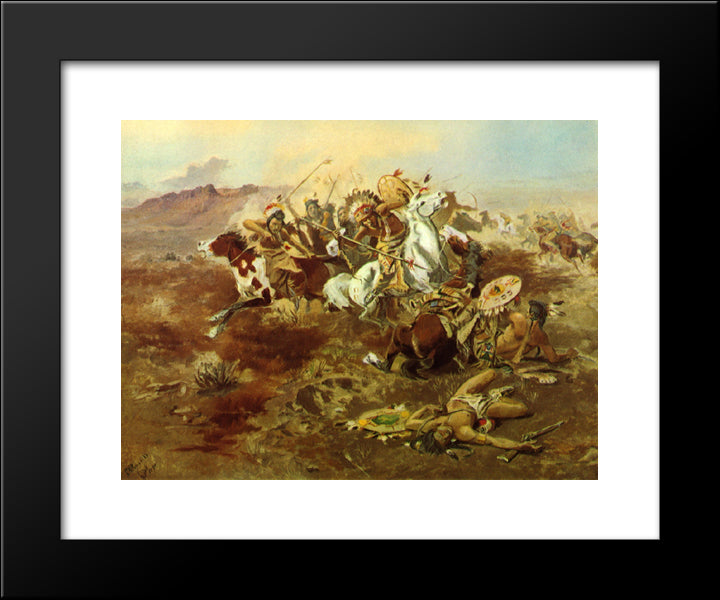 Indian Fight, #1 20x24 Black Modern Wood Framed Art Print Poster by Russell, Charles M.
