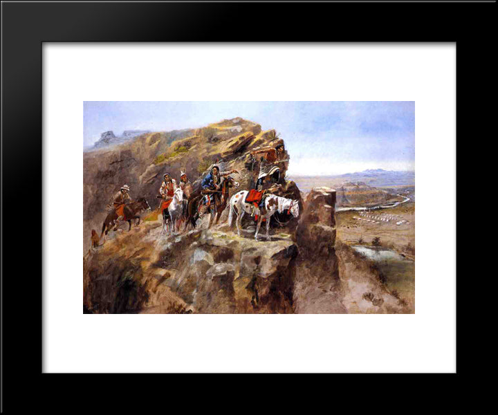 Indians On A Bluff Surveying General Miles' Troops 20x24 Black Modern Wood Framed Art Print Poster by Russell, Charles M.