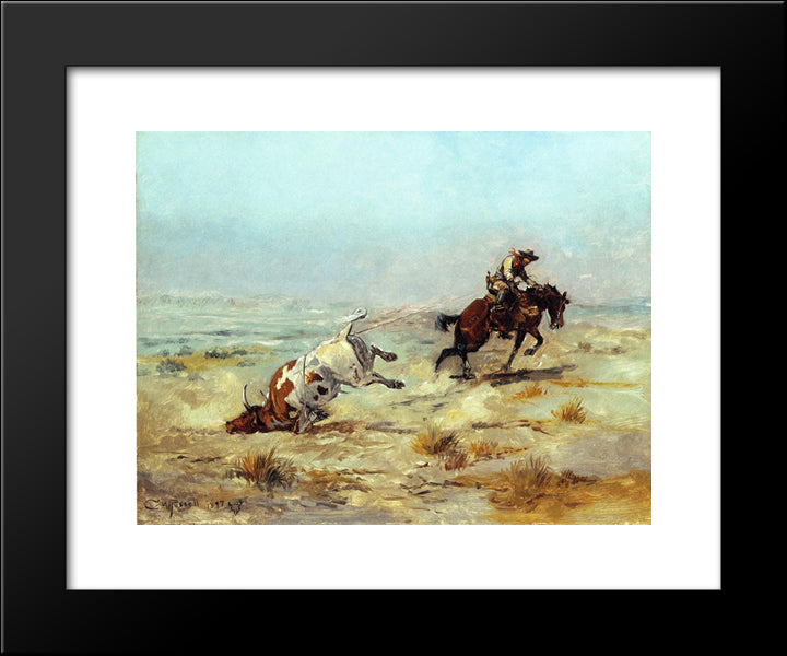 Lassoing A Steer 20x24 Black Modern Wood Framed Art Print Poster by Russell, Charles M.