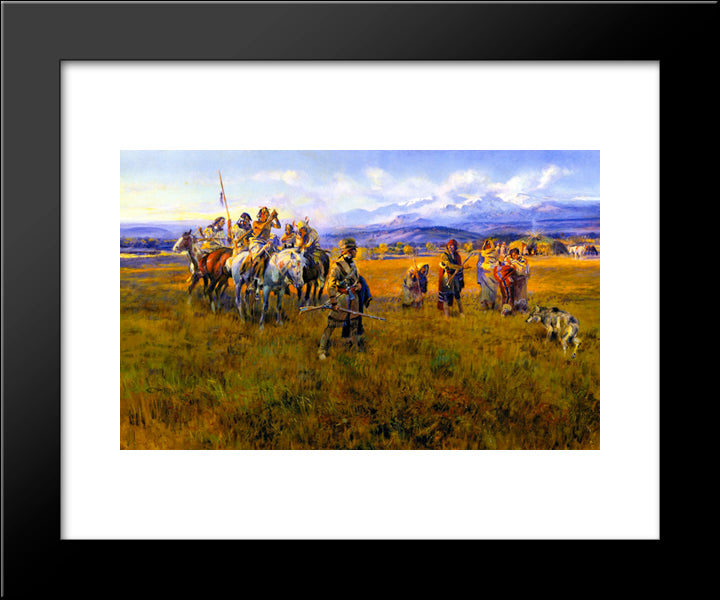 Lewis And Clark Reach Shoshone Camp Led By Sacajawea The Bird Woman 20x24 Black Modern Wood Framed Art Print Poster by Russell, Charles M.