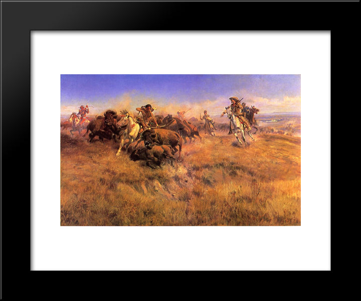 Running Buffalo 20x24 Black Modern Wood Framed Art Print Poster by Russell, Charles M.