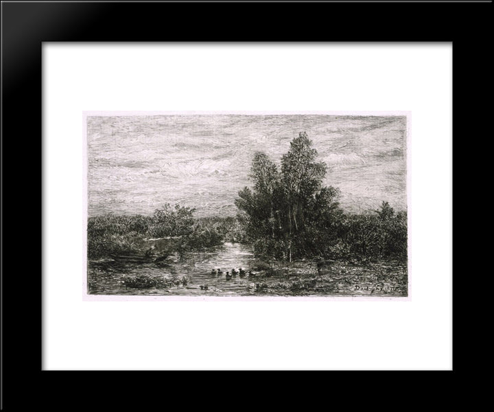 Fisherman On River With Ducks 20x24 Black Modern Wood Framed Art Print Poster by Daubigny, Charles Francois