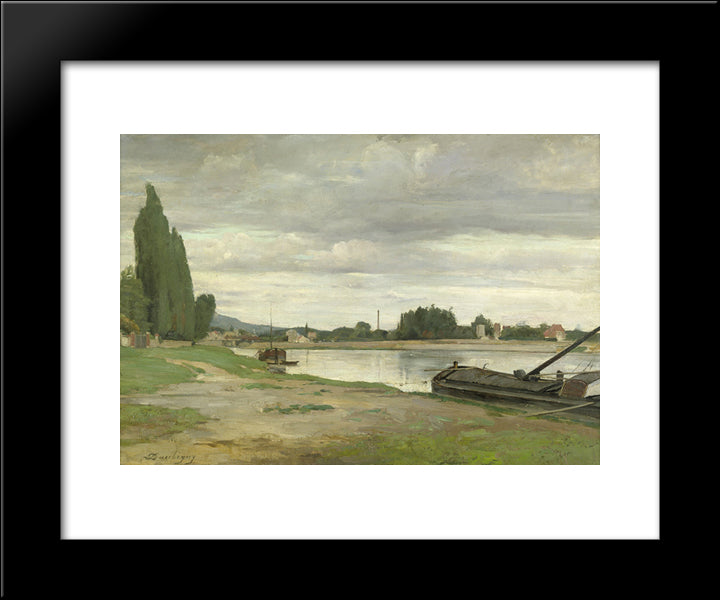 River Landscape With Barge Moored 20x24 Black Modern Wood Framed Art Print Poster by Daubigny, Charles Francois
