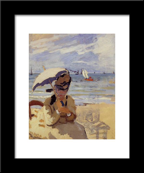 Camille Sitting On The Beach At Trouville 20x24 Black Modern Wood Framed Art Print Poster by Monet, Claude
