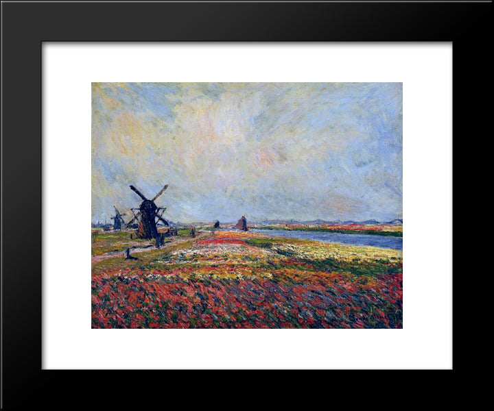 Fields Of Flowers And Windmills Near Leiden 20x24 Black Modern Wood Framed Art Print Poster by Monet, Claude
