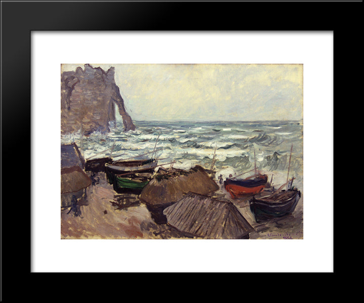 Fishing Boats On The Beach At Etretat 20x24 Black Modern Wood Framed Art Print Poster by Monet, Claude