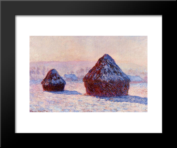 Grainstacks In The Morning, Snow Effect 20x24 Black Modern Wood Framed Art Print Poster by Monet, Claude