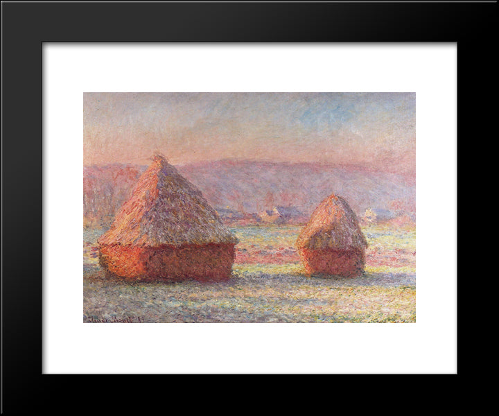 Haystacks - White Frost, Sunrise 20x24 Black Modern Wood Framed Art Print Poster by Monet, Claude