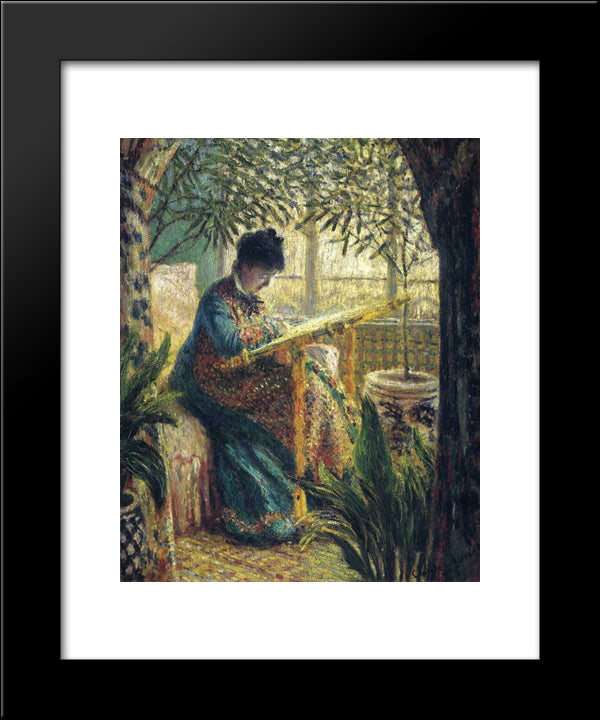 Madame Monet Embroidering 20x24 Black Modern Wood Framed Art Print Poster by Monet, Claude