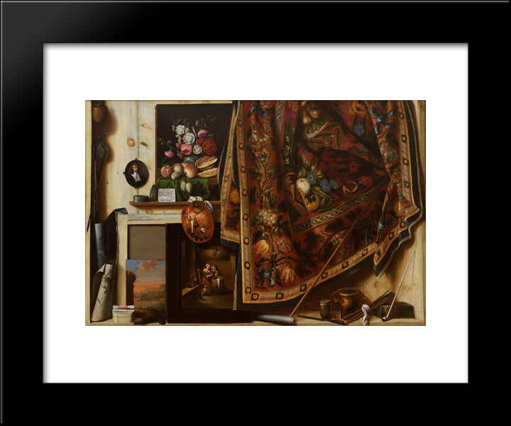 Trompe L'Oeil. A Cabinet In The Artist'S Studio 20x24 Black Modern Wood Framed Art Print Poster by Gysbrechts, Cornelis Norbertus