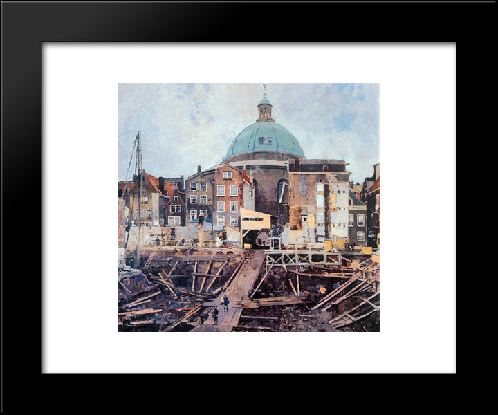 Building Well With Church Amsterdam 20x24 Black Modern Wood Framed Art Print Poster by Vreedenburgh, Cornelis