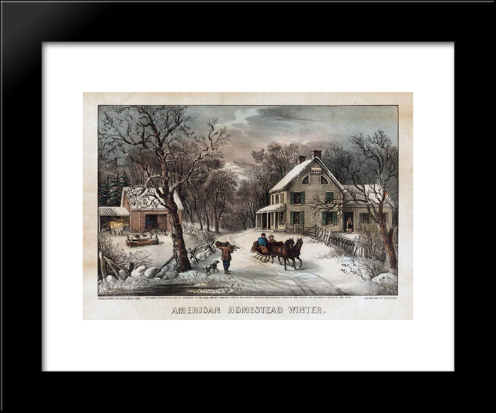 American Homestead Winter 20x24 Black Modern Wood Framed Art Print Poster by Currier and Ives