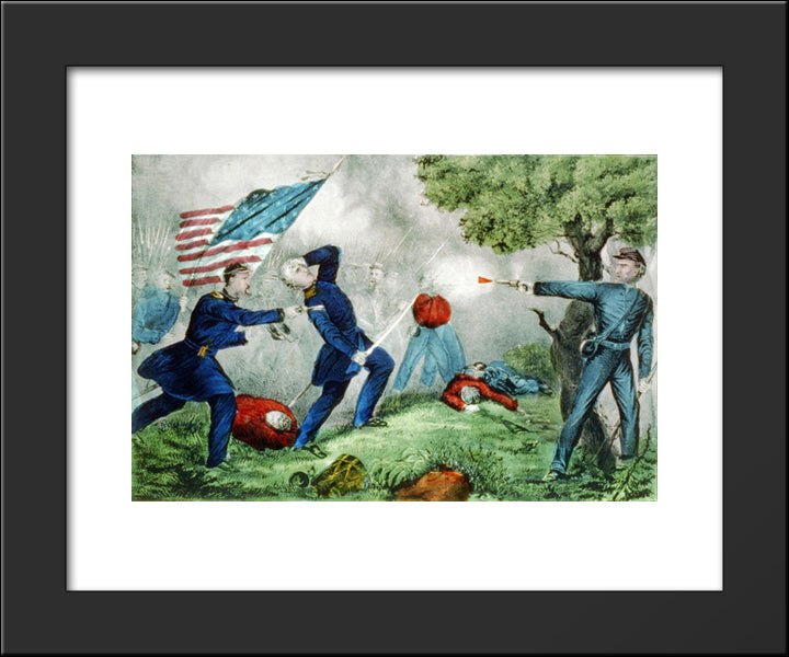 Death Of Col Edward D. Baker At The Battle Of Balls Bluff Near Leesburg Va. Oct. 21St 1861 1861 20x24 Black Modern Wood Framed Art Print Poster by Currier and Ives