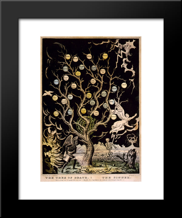 Devil Watering Tree Of Sins And Skeleton About To Chop It Down 20x24 Black Modern Wood Framed Art Print Poster by Currier and Ives
