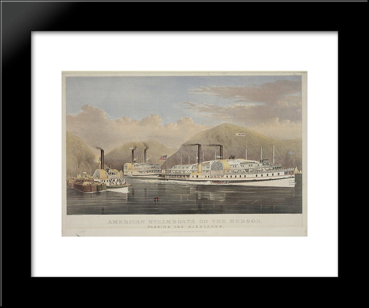 Steamboats Passing On The Hudson River 20x24 Black Modern Wood Framed Art Print Poster by Currier and Ives