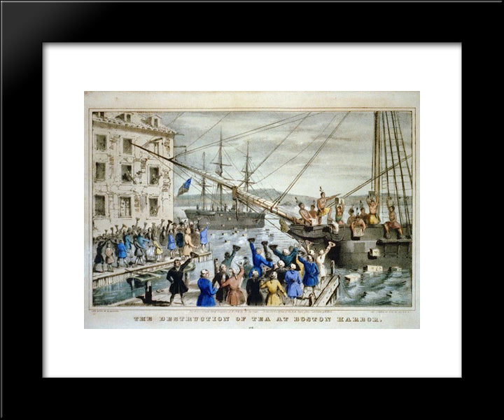 The Destruction Of Tea At Boston Harbor 20x24 Black Modern Wood Framed Art Print Poster by Currier and Ives