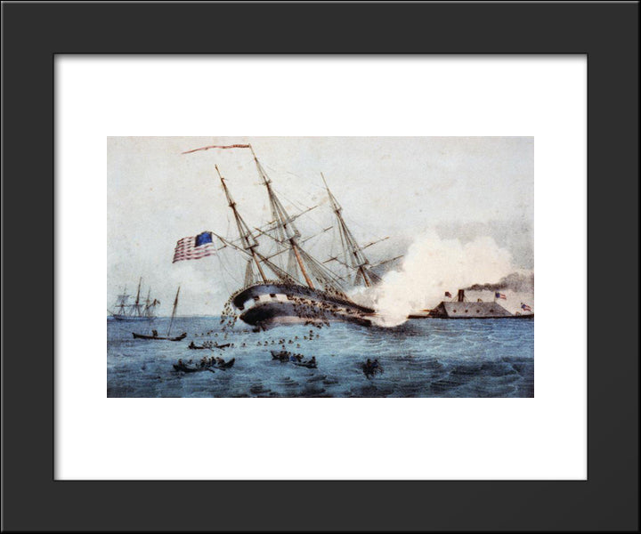 The Sinking Of The 'Cumberland' By The Iron Clad 'Merrimac', Off Newport News Va. March 8Th 1862 20x24 Black Modern Wood Framed Art Print Poster by Currier and Ives