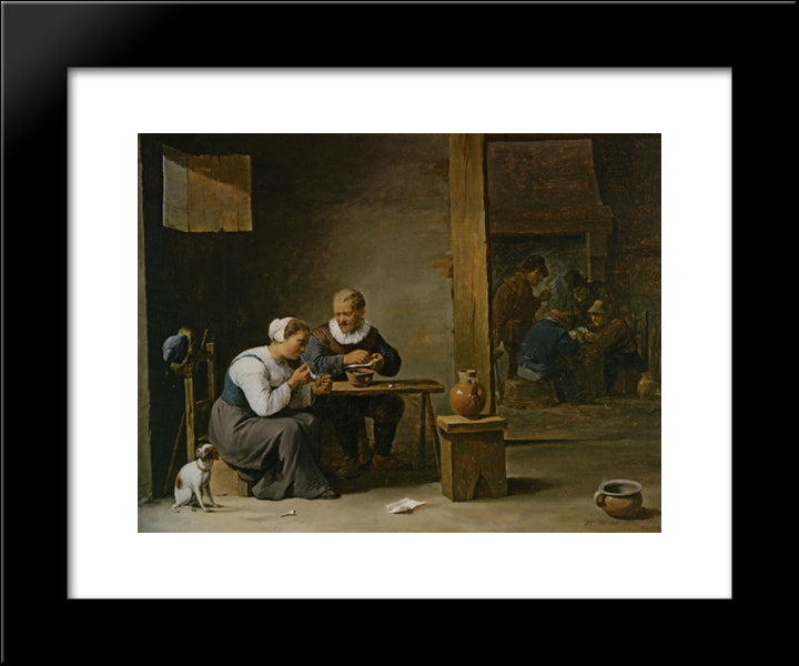 A Man And Woman Smoking A Pipe Seated In An Interior With Peasants Playing Cards On A Table 20x24 Black Modern Wood Framed Art Print Poster by Teniers the Younger, David