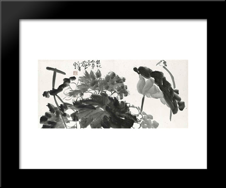 Bird And Lotus 20x24 Black Modern Wood Framed Art Print Poster by Yanyong, Ding