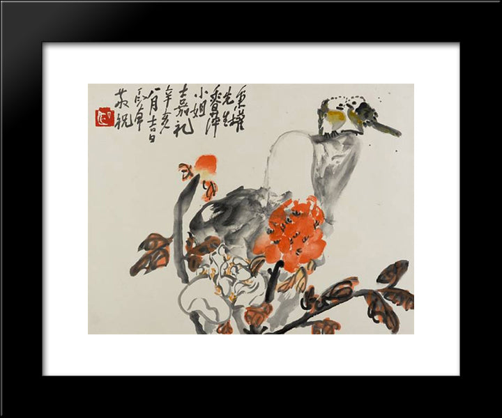 Birds And Peonies (Lovebirds) 20x24 Black Modern Wood Framed Art Print Poster by Yanyong, Ding