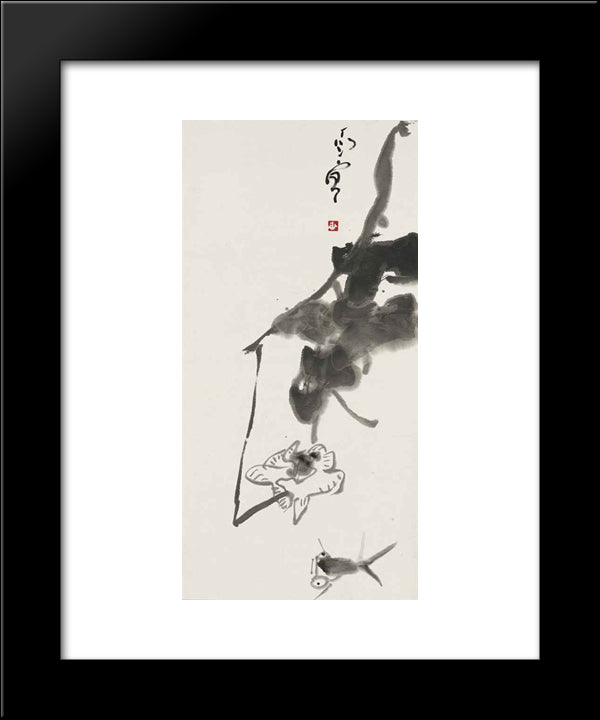 Fish And Lotus 20x24 Black Modern Wood Framed Art Print Poster by Yanyong, Ding