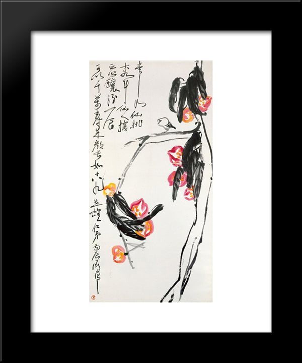 Nine Peaches And A Bird 20x24 Black Modern Wood Framed Art Print Poster by Yanyong, Ding