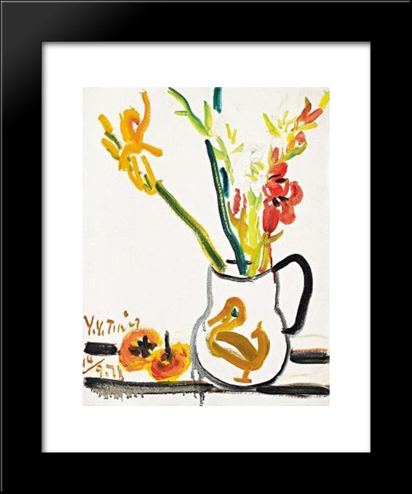 Persimmons And Flowers 20x24 Black Modern Wood Framed Art Print Poster by Yanyong, Ding