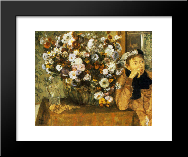 A Woman Seated Beside A Vase Of Flowers 20x24 Black Modern Wood Framed Art Print Poster by Degas, Edgar