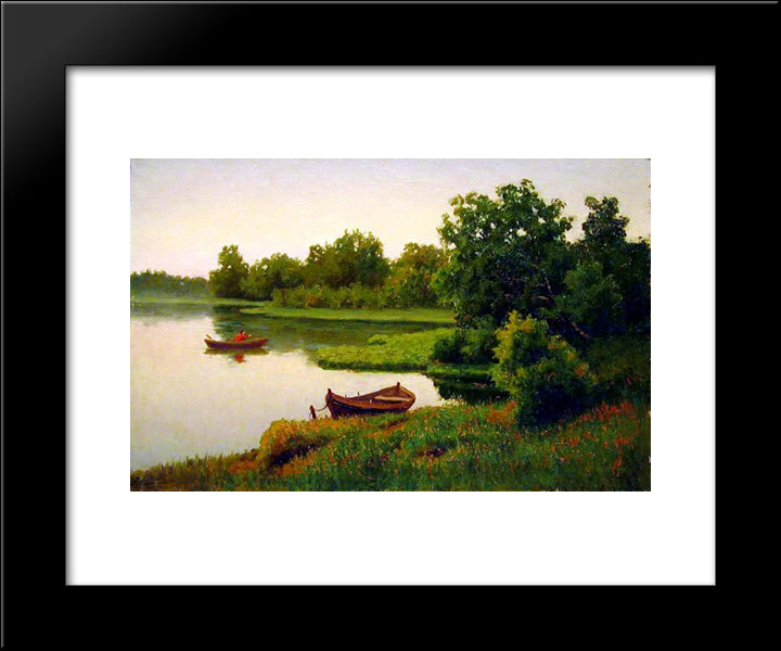 Summer Landscape With Fisherman 20x24 Black Modern Wood Framed Art Print Poster by Volkov, Efim