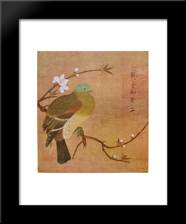 Pigeon On A Peach Branch 20x24 Black Modern Wood Framed Art Print Poster by Huizong, Emperor