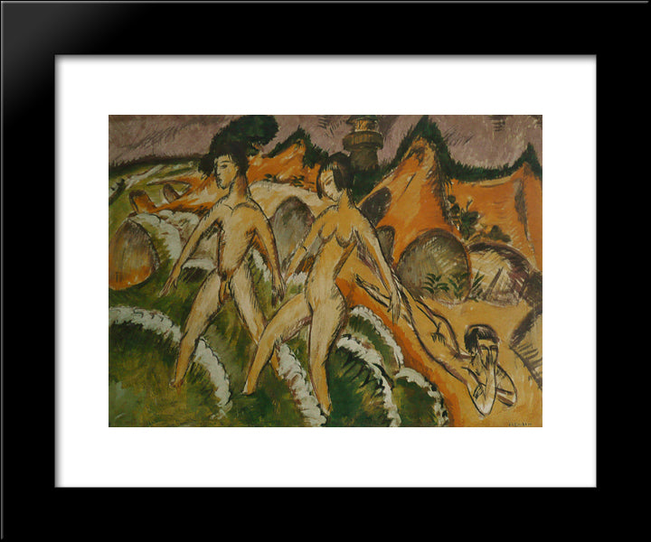 Female Nudes Striding Into The Sea 20x24 Black Modern Wood Framed Art Print Poster by Kirchner, Ernst Ludwig
