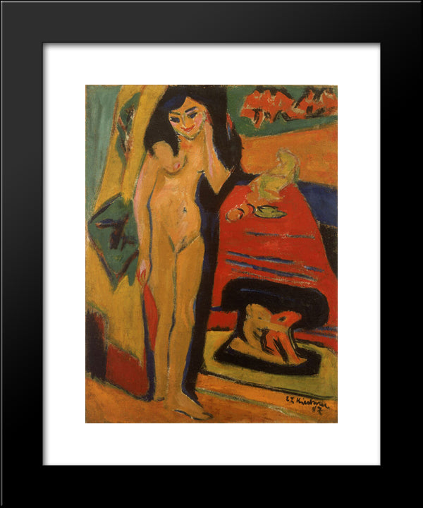 Naked Girl Behind The Curtain (Franzi) 20x24 Black Modern Wood Framed Art Print Poster by Kirchner, Ernst Ludwig