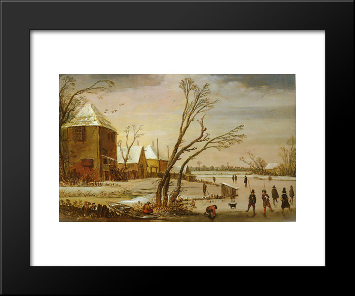 A Frozen River With Skaters 20x24 Black Modern Wood Framed Art Print Poster by Velde, Esaias van de