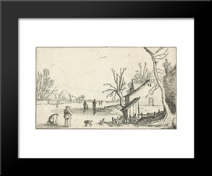 Farm Near Frozen River With Skaters On The Ice 20x24 Black Modern Wood Framed Art Print Poster by Velde, Esaias van de