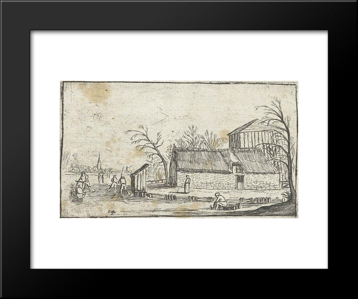 Frozen River With Skaters Near A Farmhouse 20x24 Black Modern Wood Framed Art Print Poster by Velde, Esaias van de